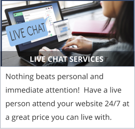 LIVE CHAT SERVICEST Nothing beats personal and immediate attention!  Have a live person attend your website 24/7 at a great price you can live with.