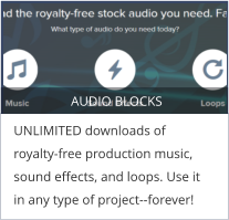 AUDIO BLOCKS UNLIMITED downloads of royalty-free production music, sound effects, and loops. Use it in any type of project--forever!